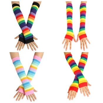 

Fashion Elbow Length Fingerless Arm Warmers Rainbow Color Winter Gloves FOR Women Long Costume Santa Christmas Gifts Girls
