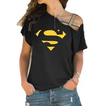 Новинка; летнее платье «Супермен» серии кавайная одежда, с героями мультфильмов, Футболка женская мода Топы Горячая Распродажа асимметричное, с короткими рукавами косой крест футболка