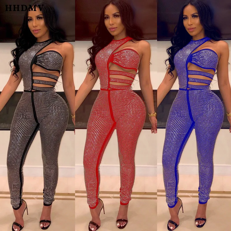 HHDMV summer reduction of age sexy club style jumpsuits sleeveless round neck appliques hollow out tight jumpsuits long pants