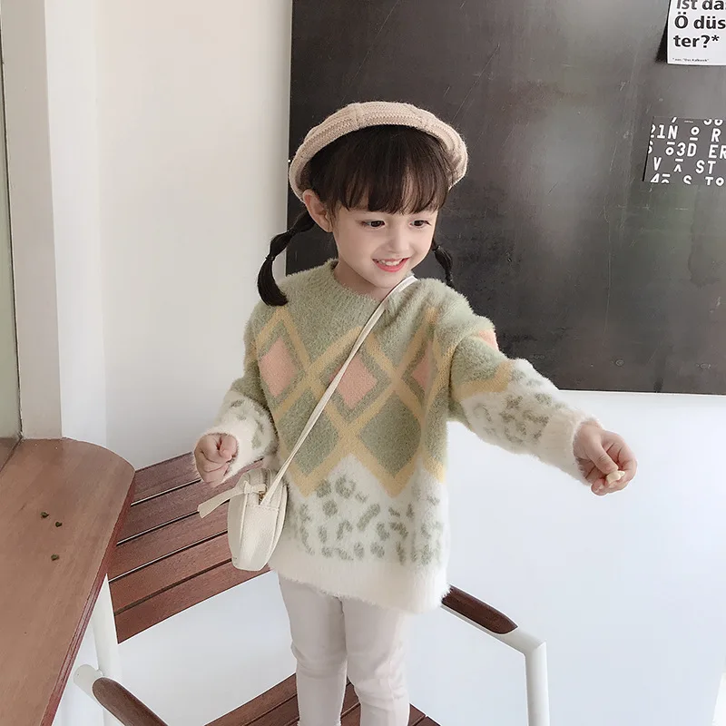 

Small CHILDREN'S Horse Childrenswear 2019 Autumn New Style CHILDREN'S Sweater Korean-style Faux Mink Cashmere Girls Diamond Latt
