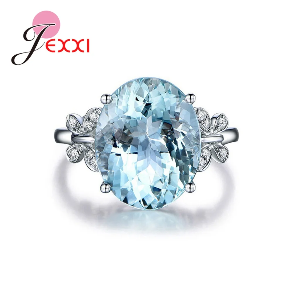 

Super Lovely Genuine 925 Sterling Silver Wedding Rings With Oval Shape Light Blue Shiny CZ Crystal Korean Style Rings For Women