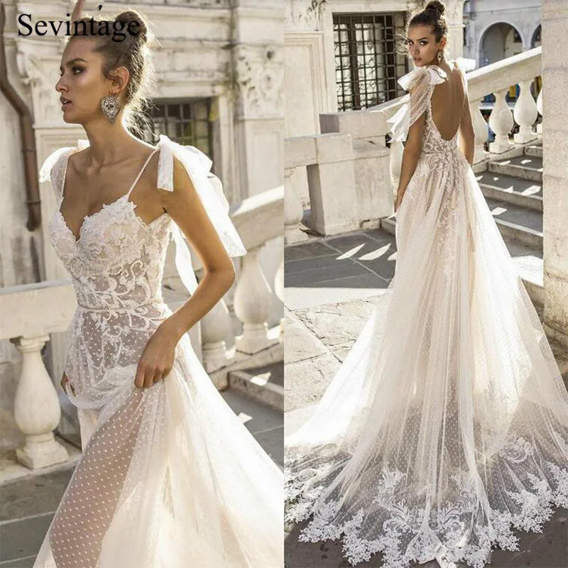 

Sevintage Spaghetti Straps Lace Boho Wedding Dress Princess Backless Sweep Train Illusion Tulles Bridal Gowns Vestido De Noiva