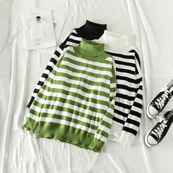 

Winter Knitted Pullovers Sweater Autumn Female Casual Sweater And Ladies Striped Turtleneck Jumper Long Sleeve Knitting Sweater