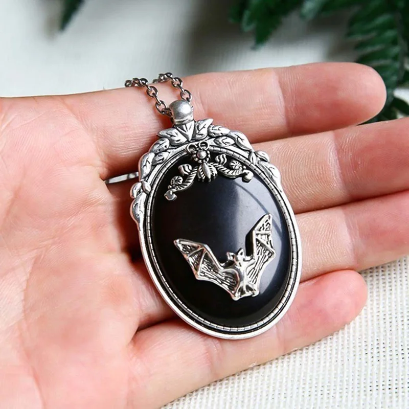 

Black Gothic Bat Pendant, Gothic Necklace, Vampire Bat Necklace, Witch Crystal Necklace