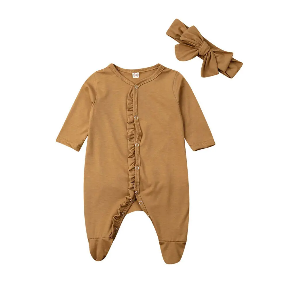 

FOCUSNORM Autumn Winter Footies Newborn Kids Infant Baby Boy Girl Cotton Long Sleeve Romper Headband Clothes Outfit 3-12Months