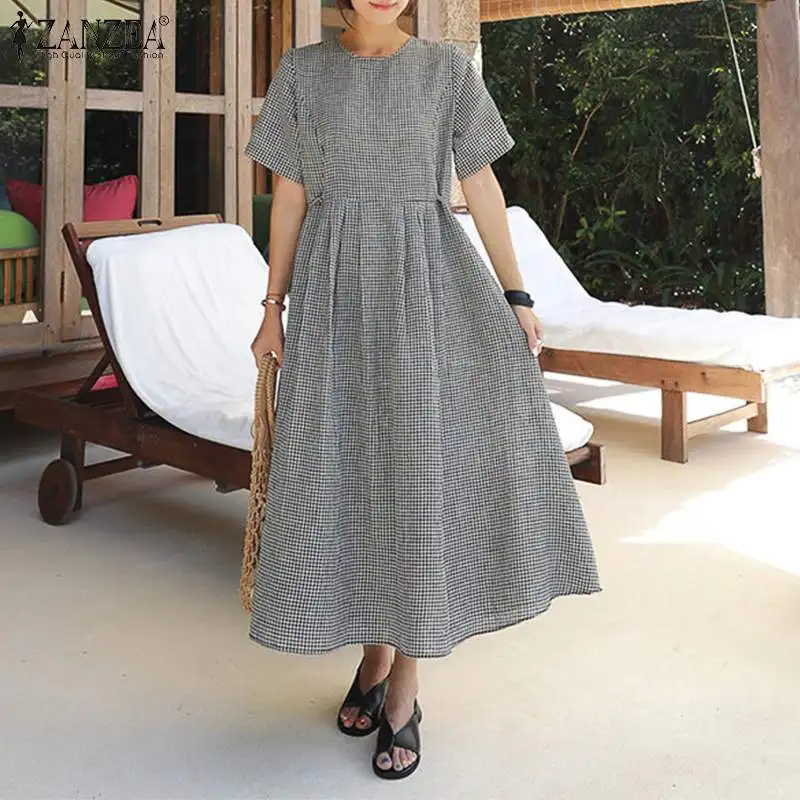 

Vintage Women's Check Sundress ZANZEA 2019 Summer Dress Woman Back Button Midi Vestidos Female Pleated Casual Robe Plus Size 5XL