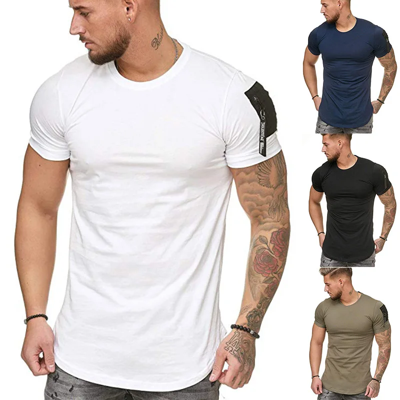 

Short Sleeve Zipper Shoulder Streetwear Hip Hop Summer O-neck T Shirt Men Curved Hem Slim Funny T-shirt Plus Workout Shirt