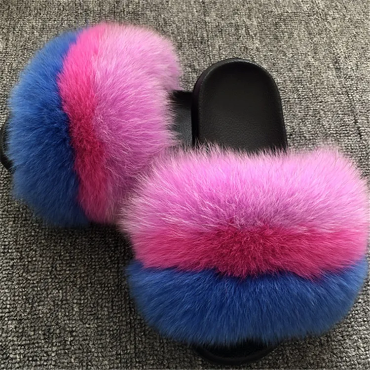 

Women's Summer Fluffy Plush Flip Flops Real Fox Fur Home Slippers Women Fur Slides Ladies Open Toe Furry Sandals House Shoes Hot