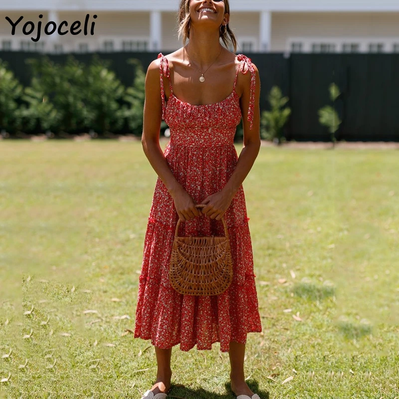 Yojoceli, шикарный сарафан с цветочным принтом, женское пляжное платье средней длины в стиле бохо, женское платье, платье с большим маятником