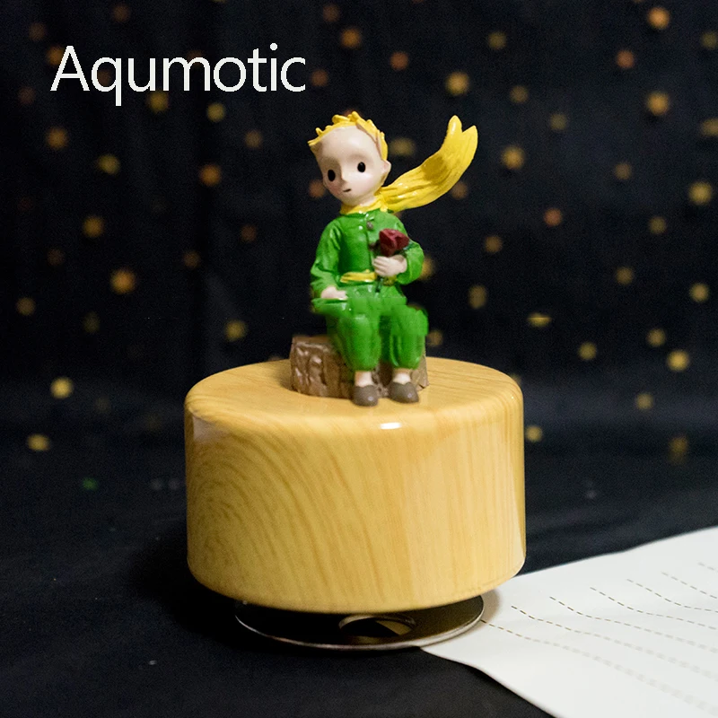 Aqumotic Little Prince Clockwork Music Box Resin Princekin Rotation Round Base Musical Boxes Crafts Retro Gift Home Decoration