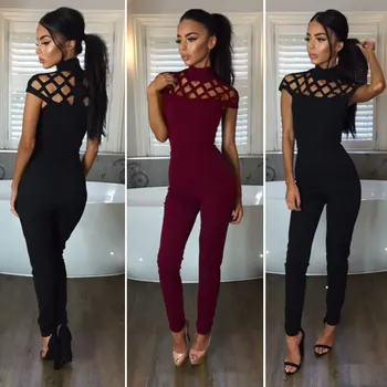 

Autumn Sexy Women Bodycon Jumpsuit Casual Hollow Out Short Sleeve One Piece Bodysuit Romper Playsuit Long Pants