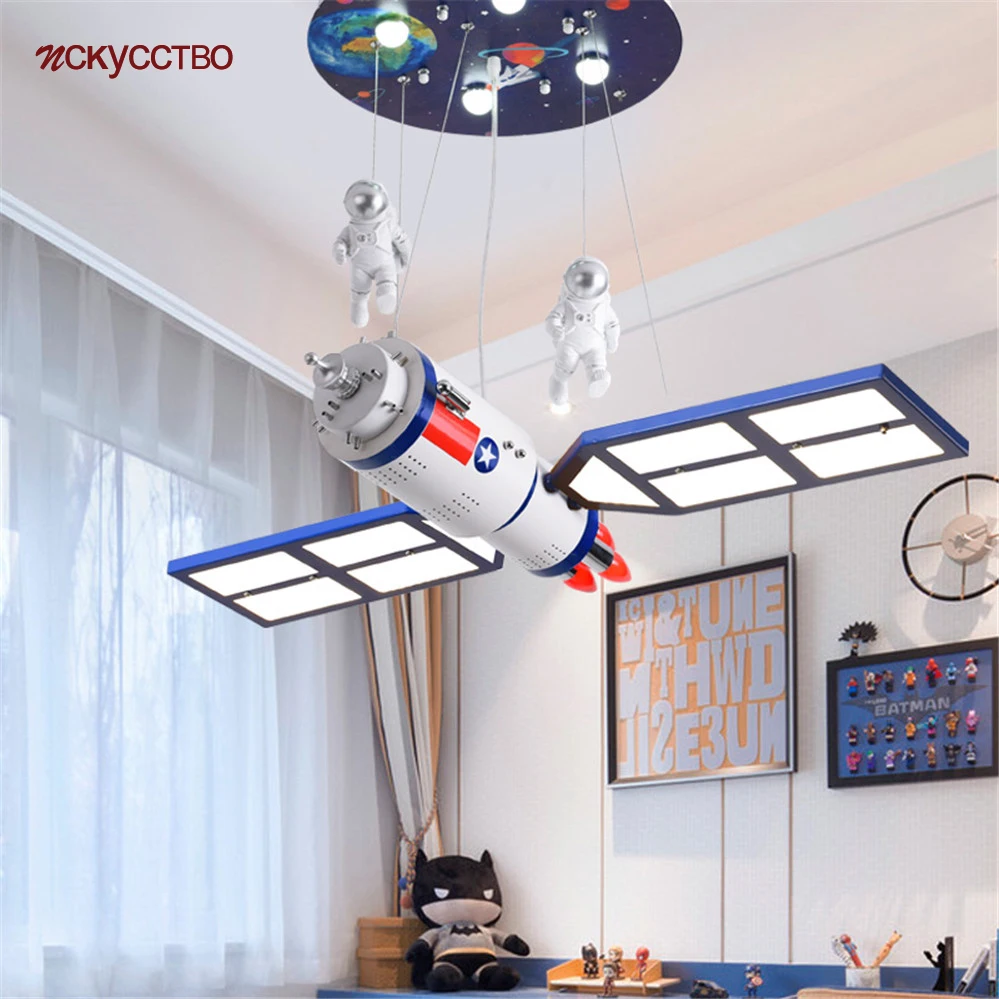 Creative Kids Space Satellite Astronaut Led Pendant Lights Remote Dimming Children Home Deco Living Room Bedroom Hanging Lamp | Лампы и