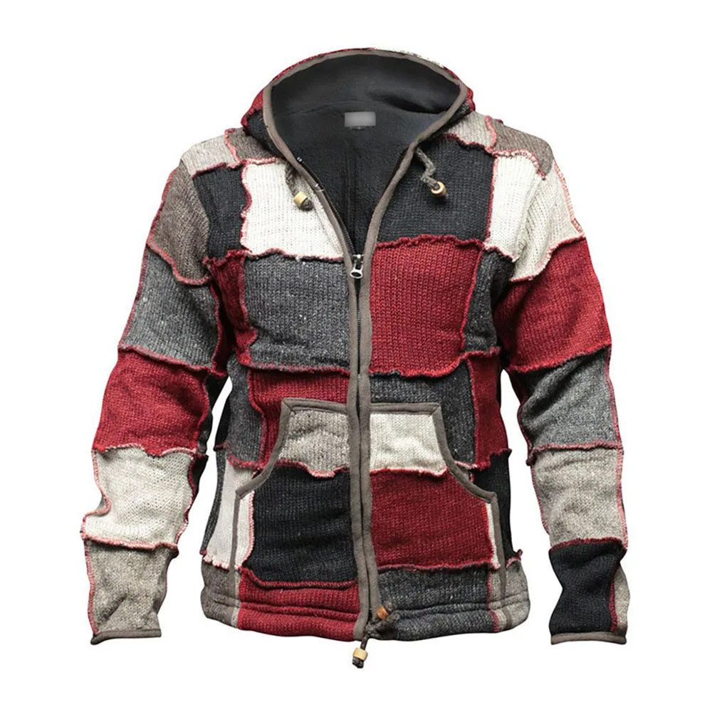 

Retro Men's Hooded Sweater Jacket Long-sleeved Zipper Cardigan Color Block Patchwork Casual Warm Jacket 2020 Autumn and Winter