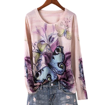 

Fashion blue butterfly printed t shirt women o-neck long sleeve graphic tees basic slim tee shirt femme 4XL 5XL 2020 spring new