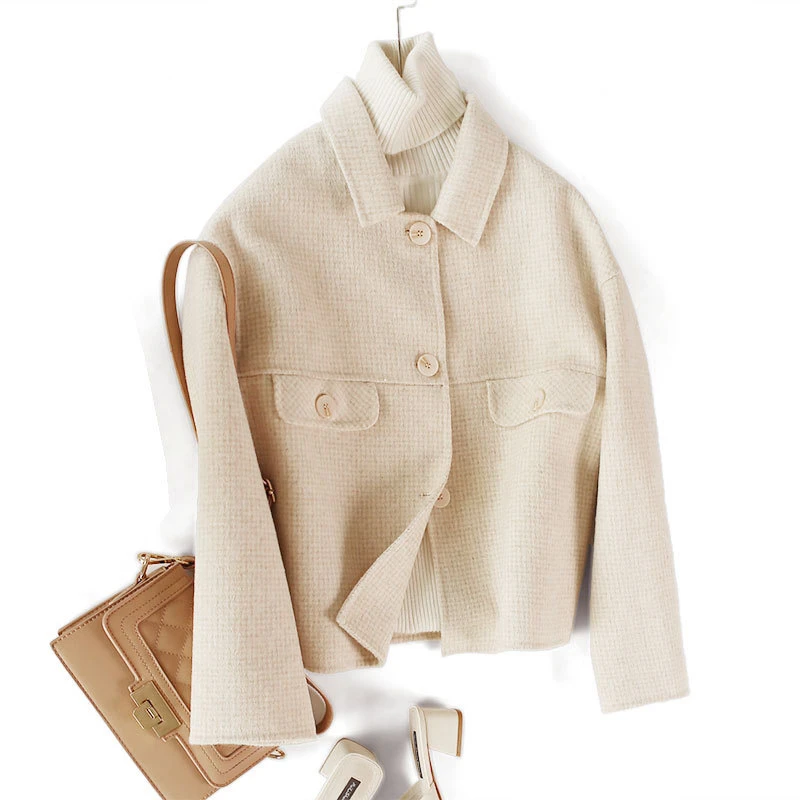 Высокое качество, двухсторонняя короткая куртка с рисунком "гусиная лапка", пальто для женщин, новинка, Осень-зима, модное женское Шерстяное Пальто для офиса K274