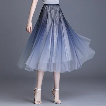 

2020 Summer Women High Waist Korean Gradient Color Loose Casual Long Mesh Pleated Skirt Office Lady Elegant Chic Mid-Calf Skirts
