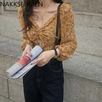 

2020 contrast printed shirt in early spring new sweet and versatile V-neck small floral slim Long Sleeve Chiffon shirt