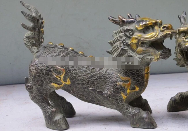 908+++ " Китайская народная бронзовая позолоченная статуя fengshui Dragon Qi Lin Kirin Kylin
