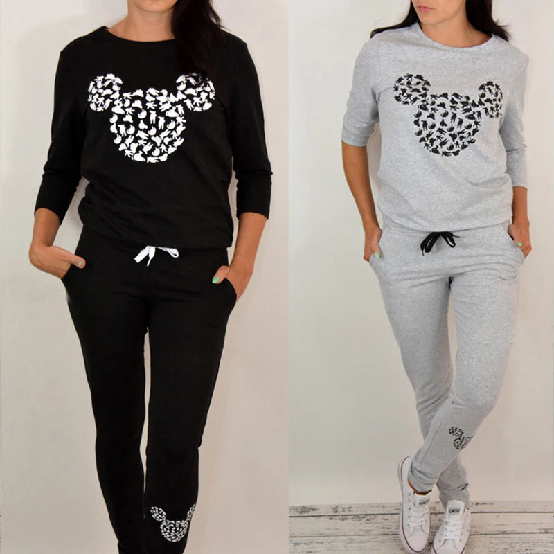 

2020 Newly Fashion Casual Lovely Women Ladies Long Sleeve Pullover Cartoon Print Solid Sweatshirt Tops Elastic Waist Pants 2PCS