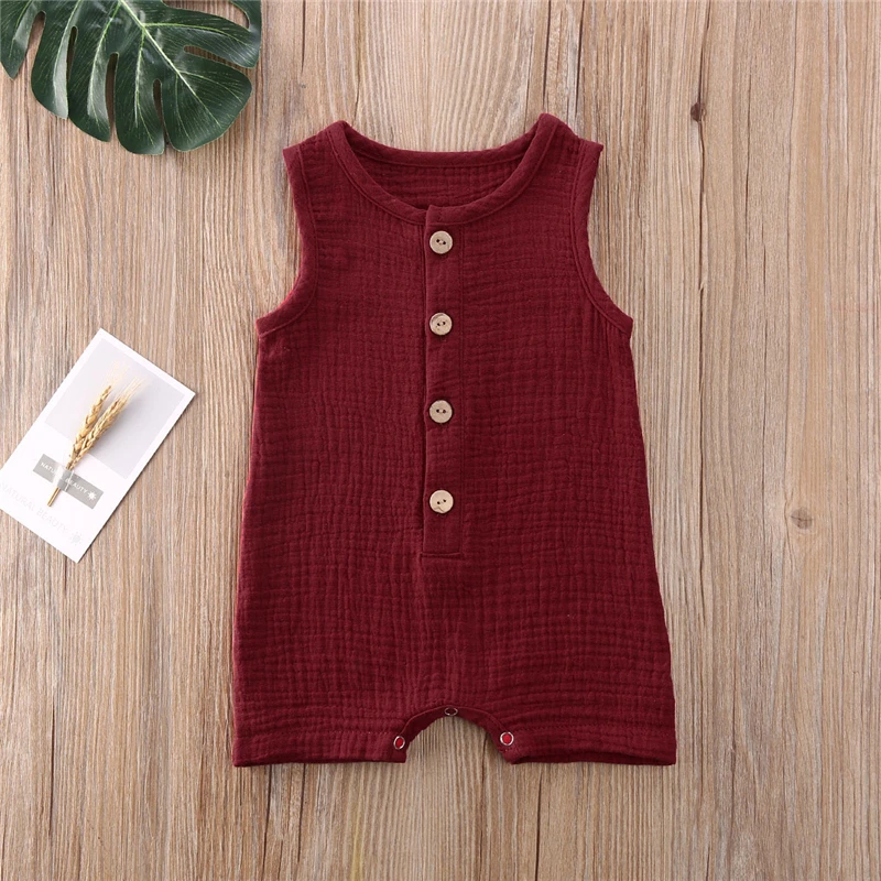 2021 Toddler Baby Rompers Single Breasted Clothes Infant Baby Girls Boys Sleeveless Button Solid Color Romper Summer Clothing Cute Infant Baby Girls Romper Baby Rompers