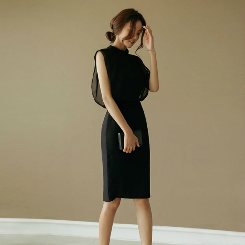 

Black Mesh Patchwork Elegant Summer Dress 2020 Sleeveless Corset Wrap Pencil Dress Ladies Sheer S-XL Plus Size Dresses for Woman