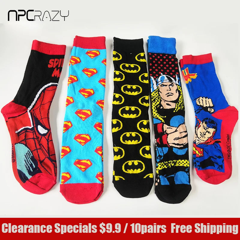 

10 Pairs/ Lot Clearance Superhero Socks Men Superman Batman HULK SPAIDERMAN Cartoon Funny Mens Sock