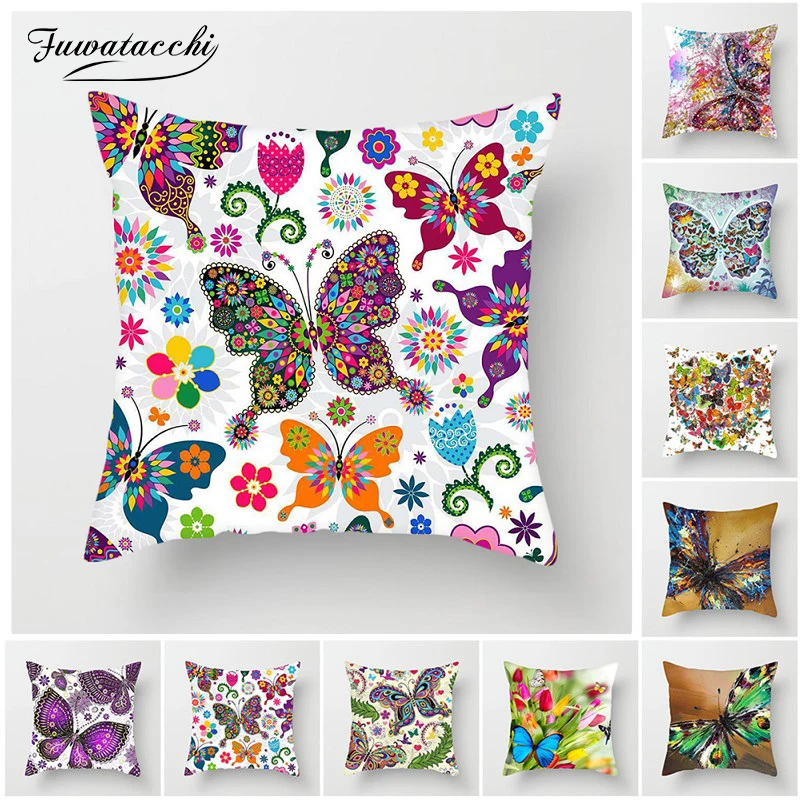 

Fuwatacchi Butterfly Cushion Covers Animal Flower Pillow Cover for Sofa Chair Home Decoration Painted Throw Pillowcases 45*45cm