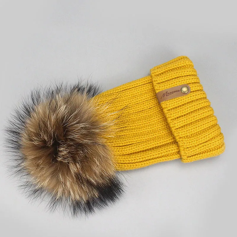 Parent-child Real Fur Pompon Skullies Beanie Hat Winter Knitted Warm Thick Beanies For Women And Child Solid Crochet Slouch Caps - Цвет: D