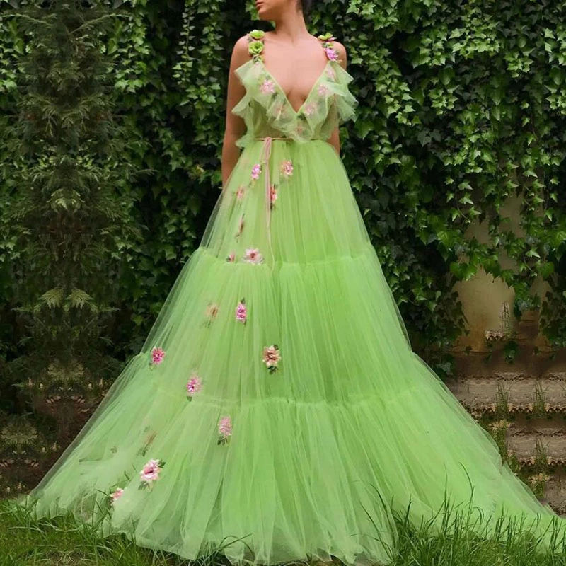 Lime Green Evening Dress V-neck 3d Flowers Handmade Spaghetti Strap Pleats A-line Formal Prom Dress Party Abiye Gece Elbisesi - Evening Dresses - AliExpress