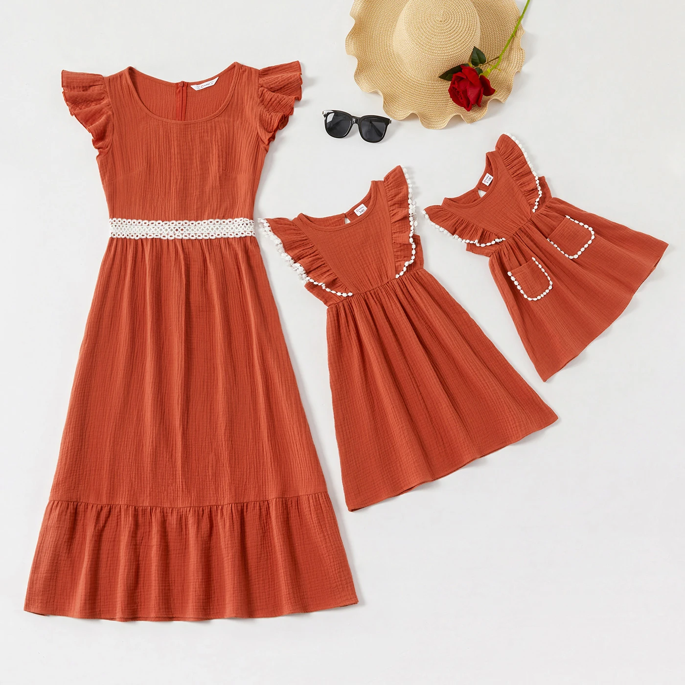 Dresses Matching Family-Look Shoulder Childrens Patpat Ruffle Cotton New-Arrival