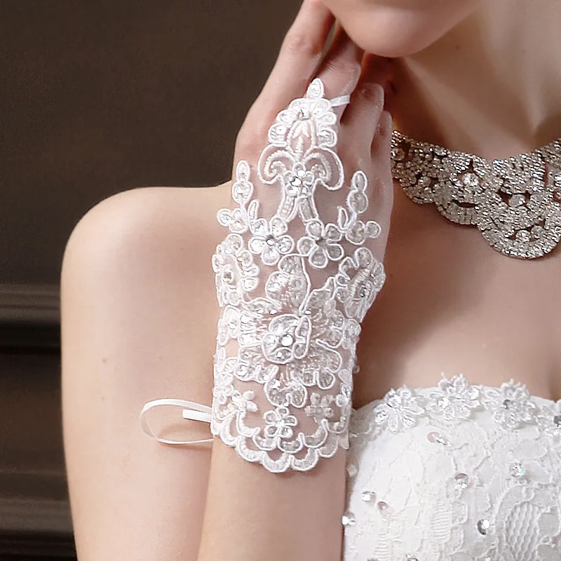 Свадебные перчатки QNZL # корейские свадебные кружевные для невесты аксессуары без