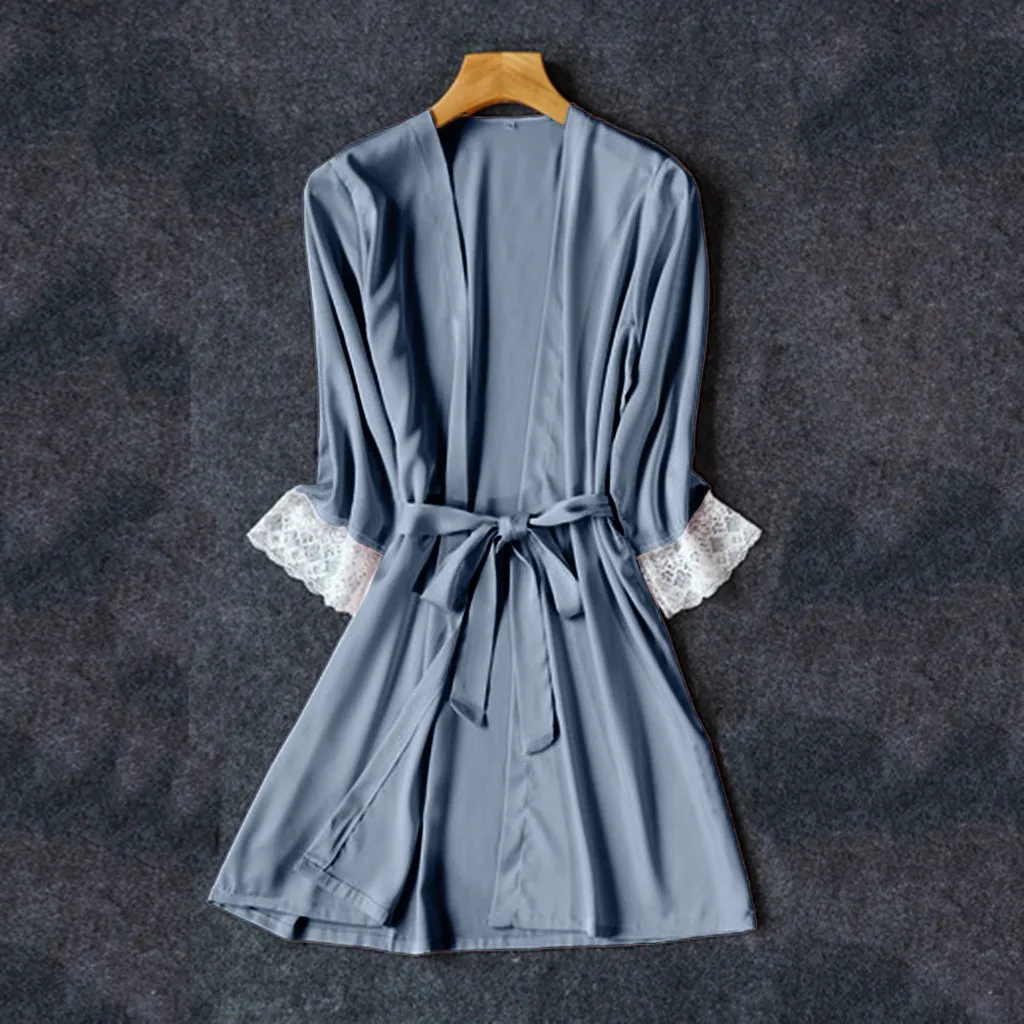 Light Blue Sagace ночная рубашка, женское сексуальное белье, кружевная Пижама, атласное нижнее белье с коротким рукавом, однотонный комплект, M-3XL, женская пижама - Цвет: Light Blue