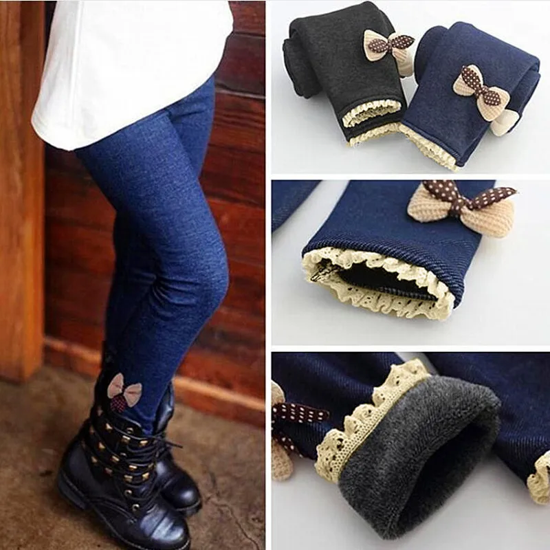 

High Quality Thick Warm Winter Spring Jean Pants Bow Girls Leggings Kids Trousers Children Pants