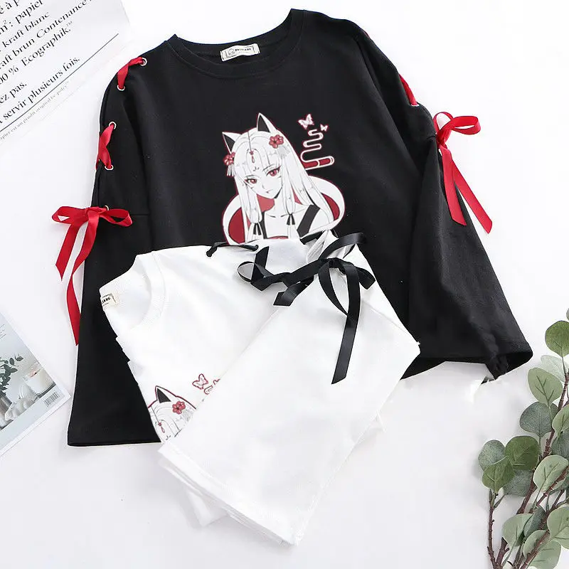 Neploe/Осенняя футболка с длинным рукавом в японском стиле, футболка с принтом из мультфильма Harajuku, свитер с завязками и перекрестным бантом, белые, черные топы, 54300