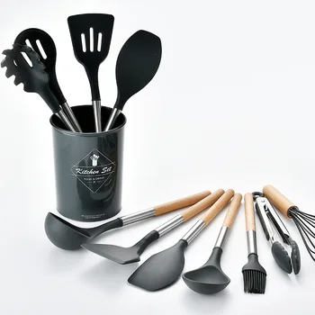 

11PCS Silicone Cooking Utensils Set Non-stick Spatula Shovel Wooden Handle Cooking Tools Set With Storage Box Kitchen Tools