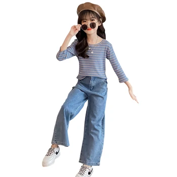 

Clothes For Girls Striped Pattern Girl Clothes Tshirt + Jeans Tracksuit For Girl Casual Style Childrens Clothing 6 8 10 12 14