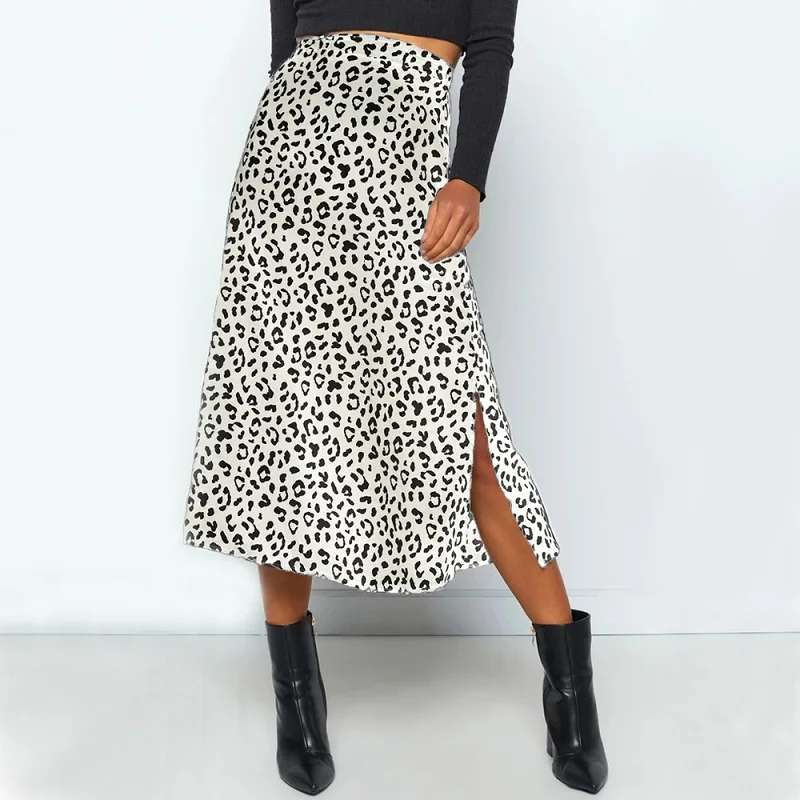 

Summer women vintage elegant beach midi boho skirt 2020 Women Leopard print split sexy zip skirts womens Casual skirts female
