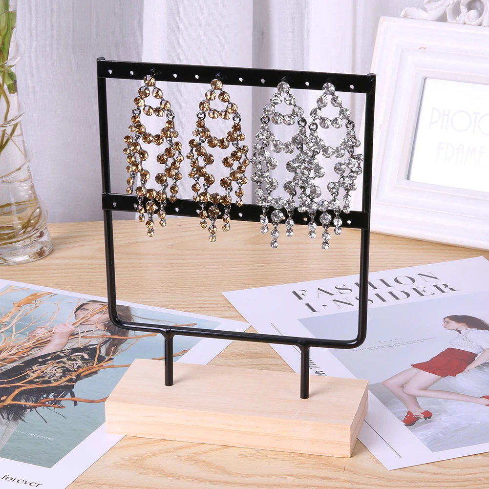  24/44 Holes Jewelry Organizer Stand Wood Base Iron Metal Creative Hook Drop Jewelery Earring Holder