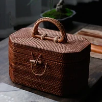 Woven Storage Chests with Lid and Button, Hand- woven Rattan, Desktop Storage Box Basket, Kung Fu Teaware,Tea Ceremony Accessory 1