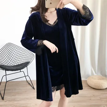 

Young Lady 2PCS Robe Set Velour Kimono Bathrobe Gown Navy Blue Women Sleepwear Velvet Sexy Intimate Lingerie New Nightgown