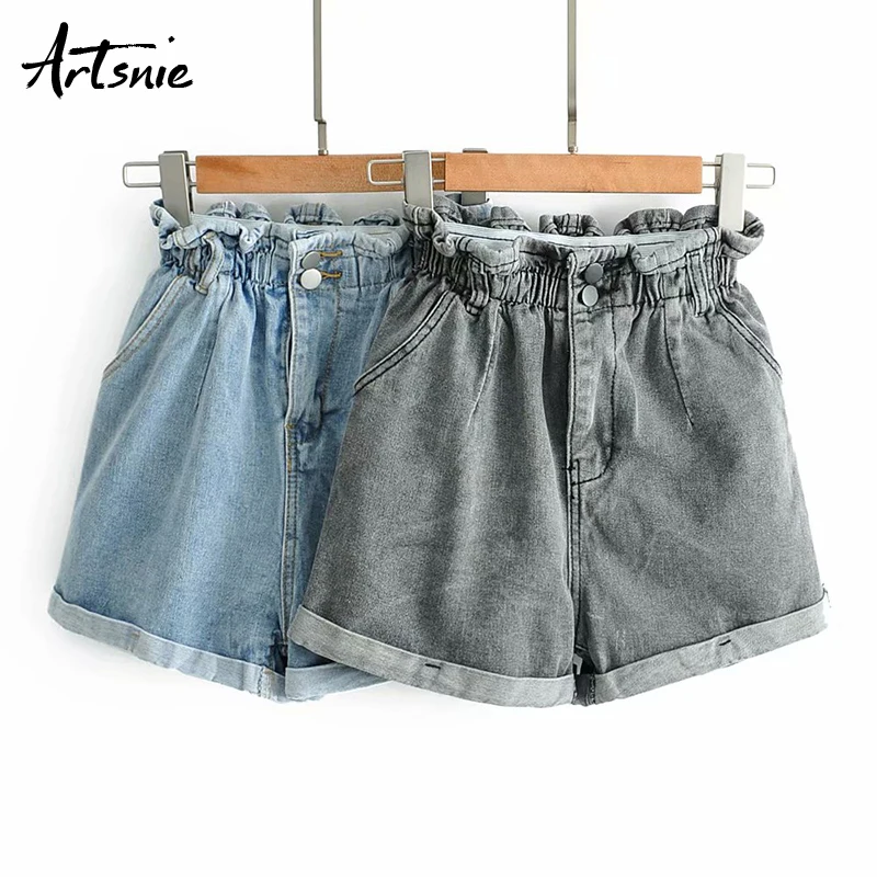 

Artsnie high waist ruffles denim shorts women autumn 2019 blue casual streetwear jeans boyfriend loose flare shorts mujer