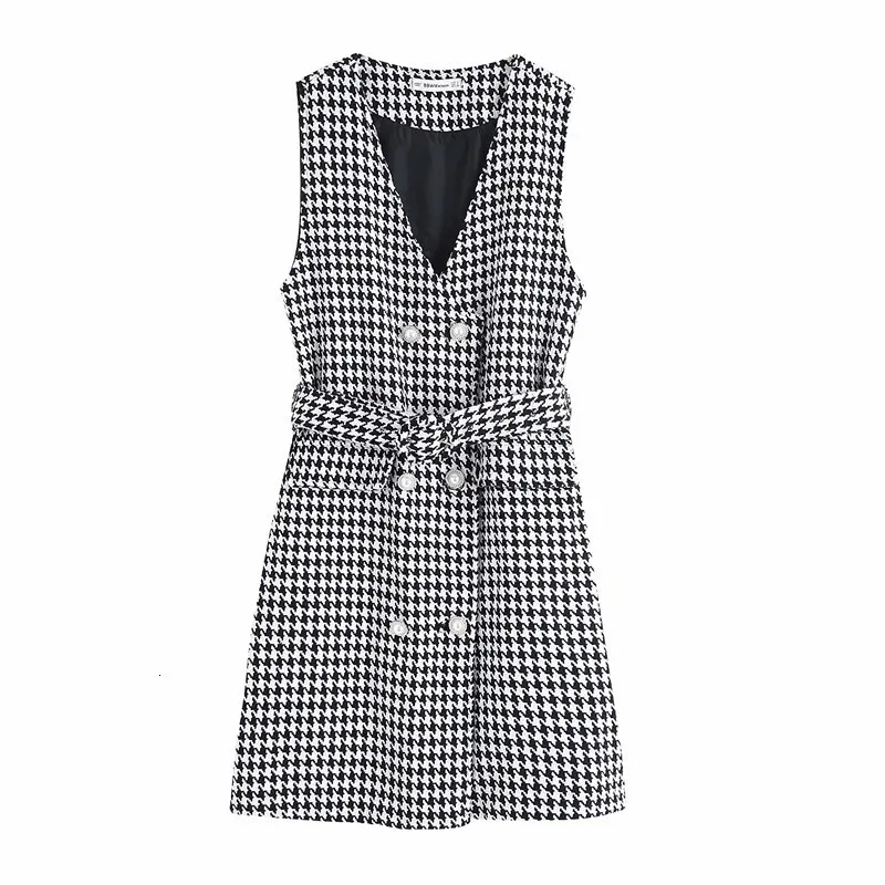 

2019 Autumn Houndstooth Tweed Dress Pearls Button Women Dress Sleeveless vestidos mujer