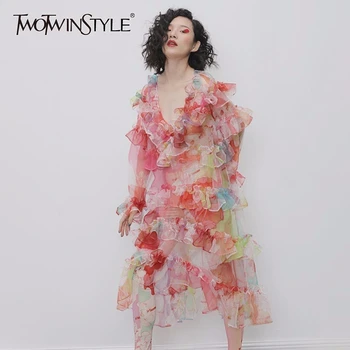 

TWOTWINSTYLE Print Ruffles Dresses Women V Neck Flare Long Sleeve Sexy Dress Female Casual Clothes 2020 Spring Summer New