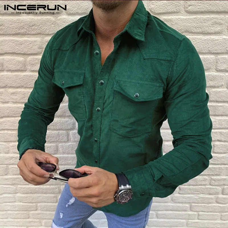 INCERUN, вельветовые мужские рубашки, повседневные, для фитнеса, с карманами, модная уличная одежда, Camisa, Осенние, с длинным рукавом, брендовые, с отворотом, одноцветные, мужские рубашки