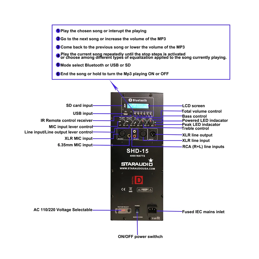 STARAUDIO 15 дюймов 4000 Вт PA DJ активный Динамик Системы W/Bluetooth класса D аудио KTV свет