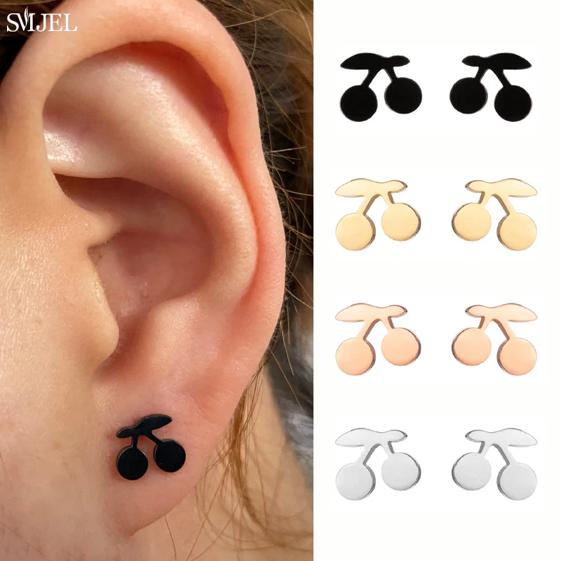 Kleine Edelstahl-Kirsch-Ohrringe für Mädchen Koreanischer Stil Niedliche Frucht Schwarze Ohrstecker Party-Schmuck Accessoires Großhandel
