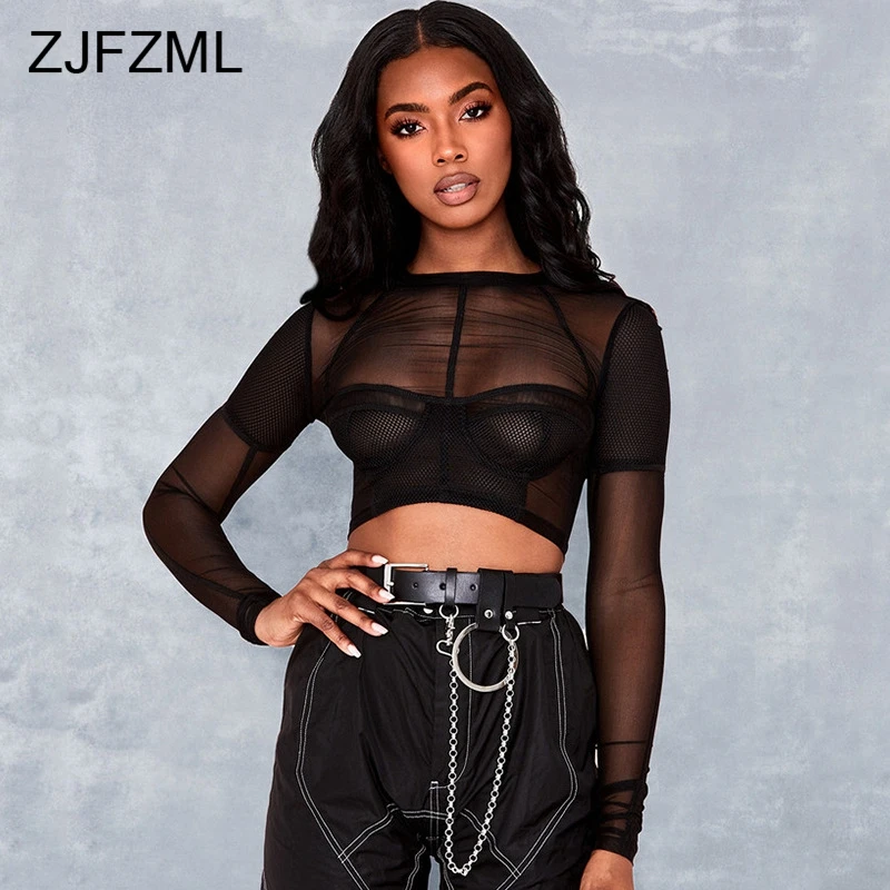 

Perspective Mesh Patchwork Sexy T Shirt Women Round Neck Long Sleeve Crop Tops Party Night Club Black Slim Harajuku Tees Shirts