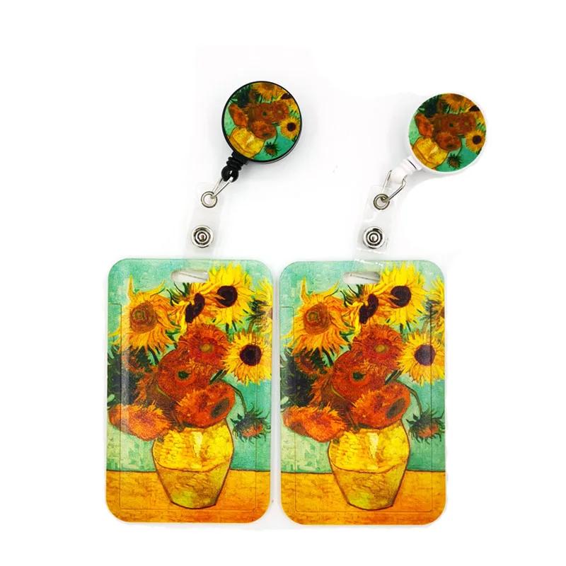 Van gogh Sunflowers Oil Painting Fashion Cute Card Cover Clip Lanyard Retractable Student Nurse Badge Reel Clip Cartoon ID Card 