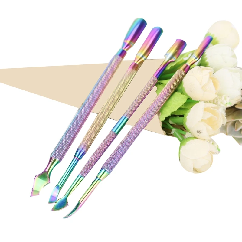 4Pcs Rainbow Cuticle Pusher Stainless Steel Cuticle Remover and Cutter Manicure Nail Art Tool Set Professional Cuticle Nippers f
