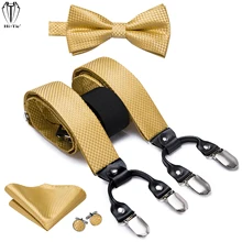 Hi-Tie Silk Men's Suspenders Set Gold Plain Jacquard 6 Clips Male Braces Bowtie Hanky Cufflinks Black Leather Y Back Straps Gift
